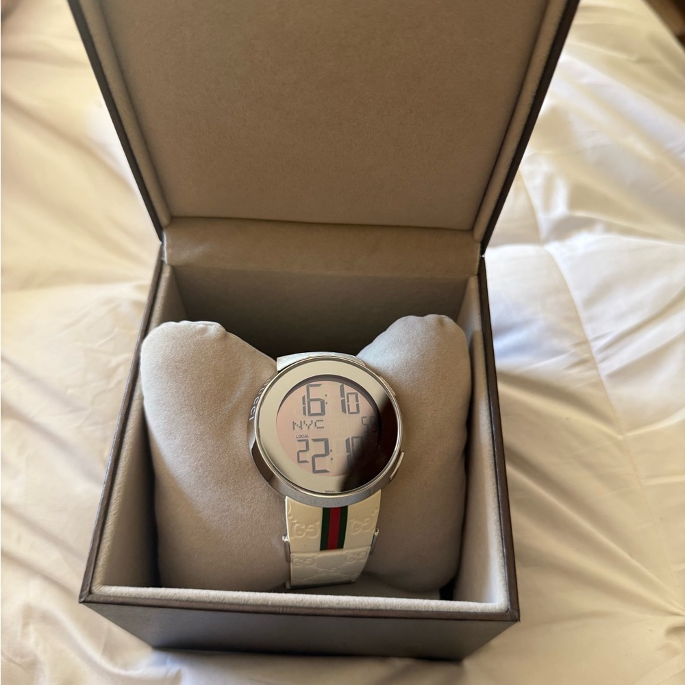 Silver Gucci Digital Watch with Green and Red Stripe